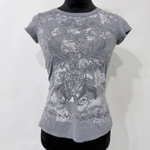 Candy Rain Y2K Paisley Rhinestone Bling Heart Baby Tee S/M? Gray Fairy Grunge